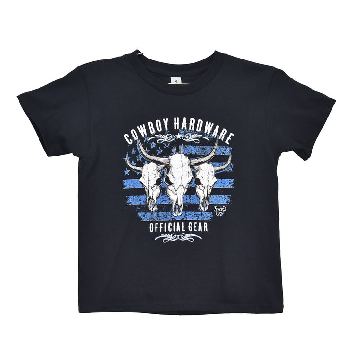 Boy's Cowboy Hardware Black with Blue & White Triple Flag Skull Short Sleeve Tee