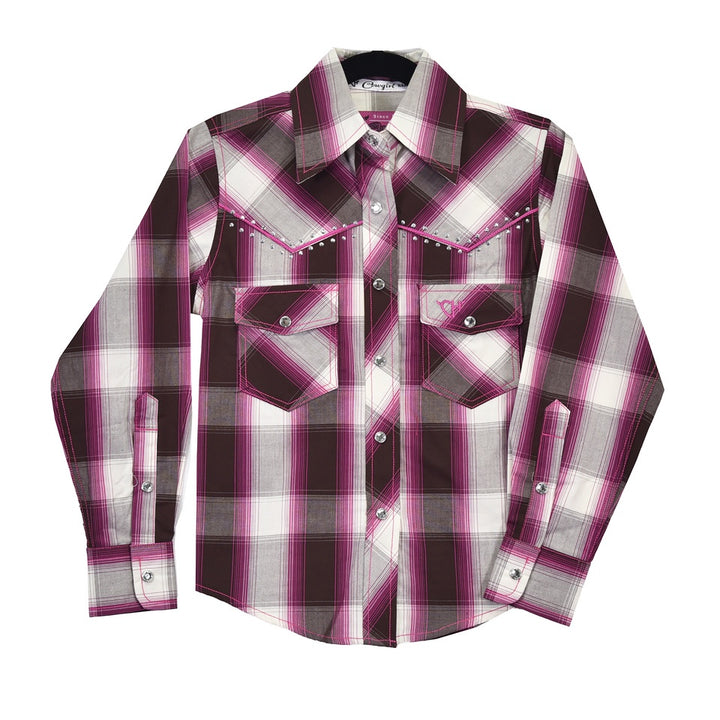 Girl's Cowgirl Hardware Pink & Brown Hombre Long Sleeve Plaid Western Shirt