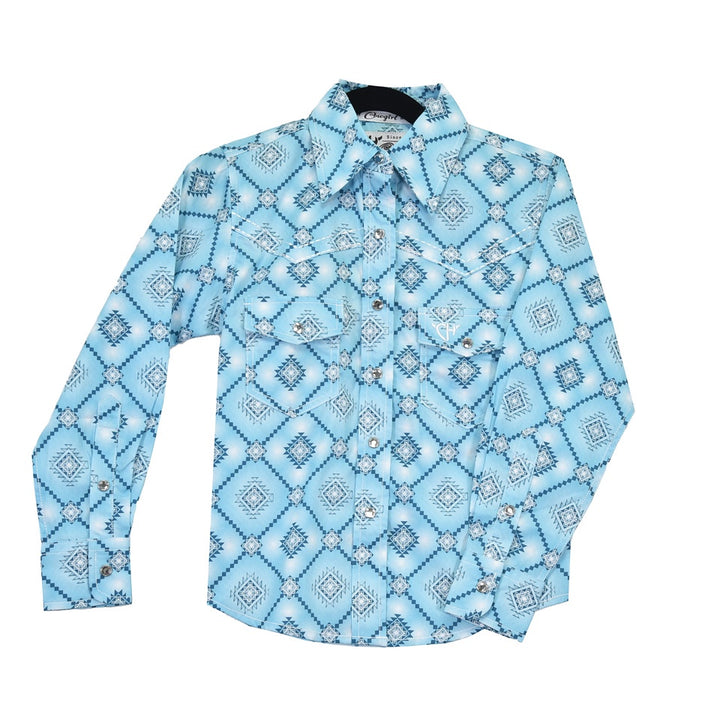 Cowgirl Hardware Girl's Shades of Turquoise Aztec Diamond Print Long Sleeve Western Snap Shirt