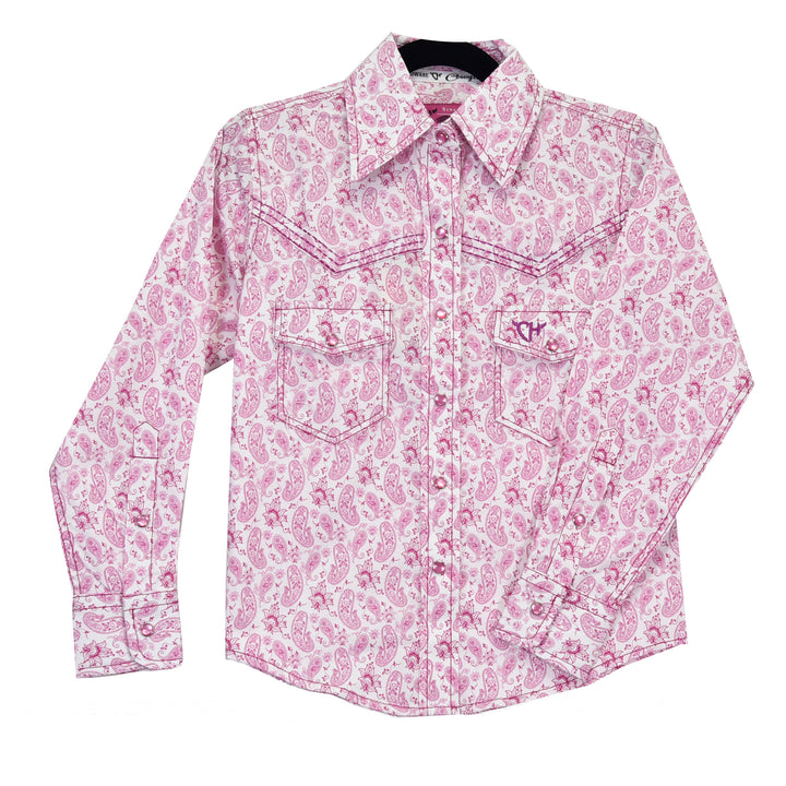 Girl's Cowgirl Hardware Pink & White Tonal Paisley Long Sleeve Western Shirt