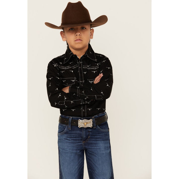 Cowboy Hardware Boys' Steerhead Print Long Sleeve Snap Western Shirt