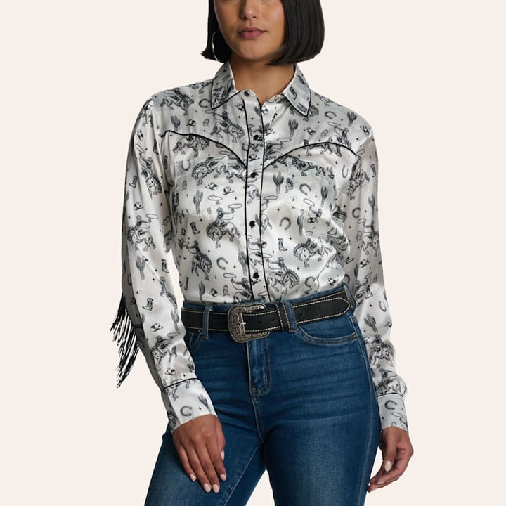 Cowgirl Hardware Women's White & Black Buck 'N Boots Print Fringed Long Sleeve Pearl Snap Western Shirt