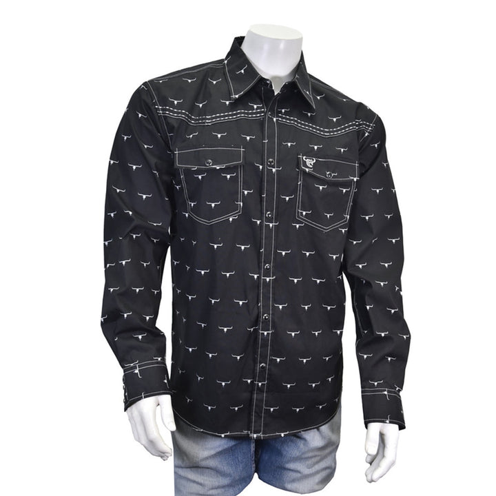 Cowboy Hardware Men's Black w/White All Over Skull Print Long Sleeve Western Snap Shirt