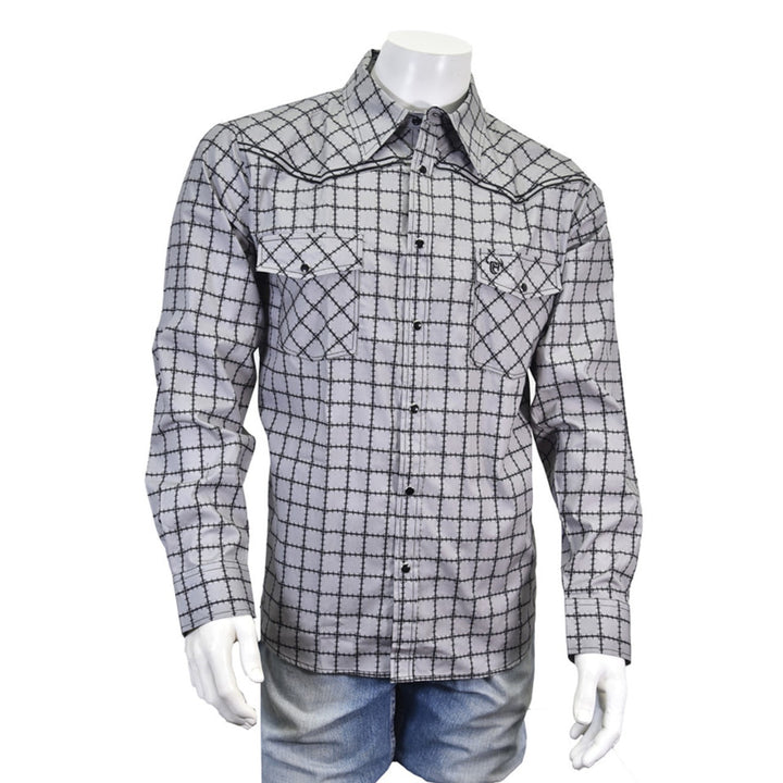 Cowboy Hardware Men's Gray w/Black Barbed Wire Plaid Print Long Sleeve Western Snap Shirt