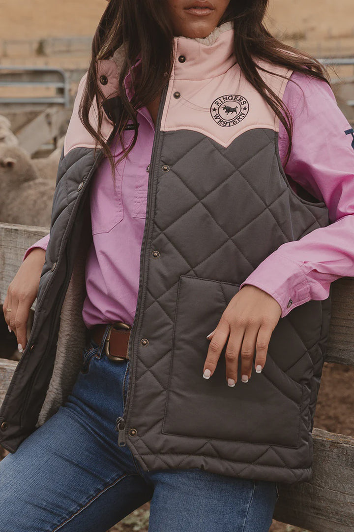 Ringers Western Selwyn Womens Puffer Vest - Charcoal / Pink
