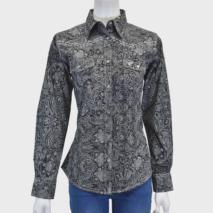 Cowboy Hardware Women's Black Tooled Floral Long Sleeve Western Shirt