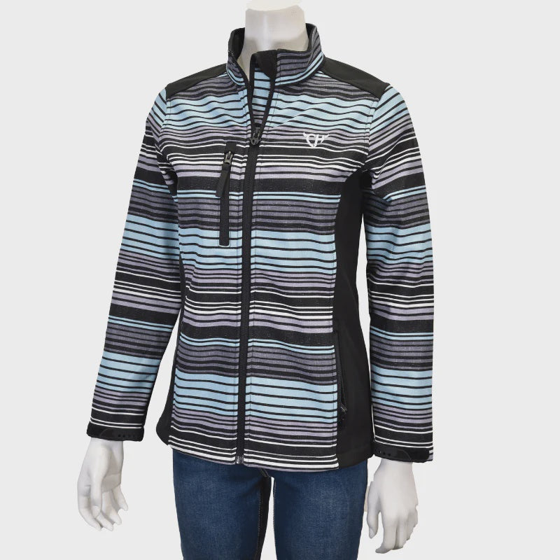 Women's Cowgirl Hardware Desert Serape Poly Shell Jacket/ Turquoise, Grey  and Black Stripes