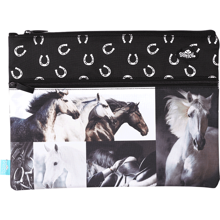 A4 Twin Zip Pencil Case - Black & White Horses