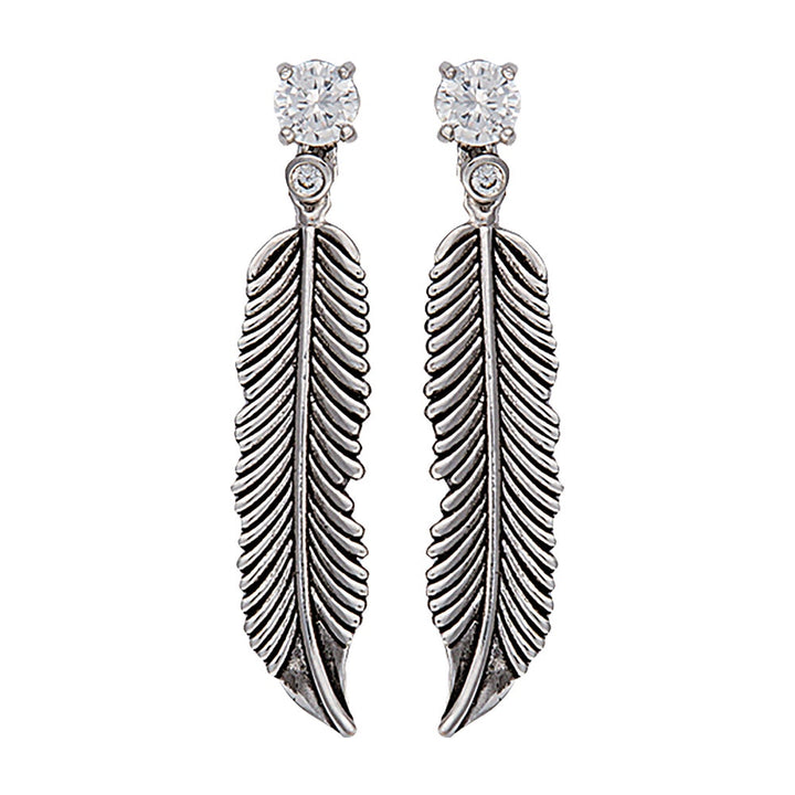 Antiqued Silver Crow Feathers on Crystal Stud Earrings